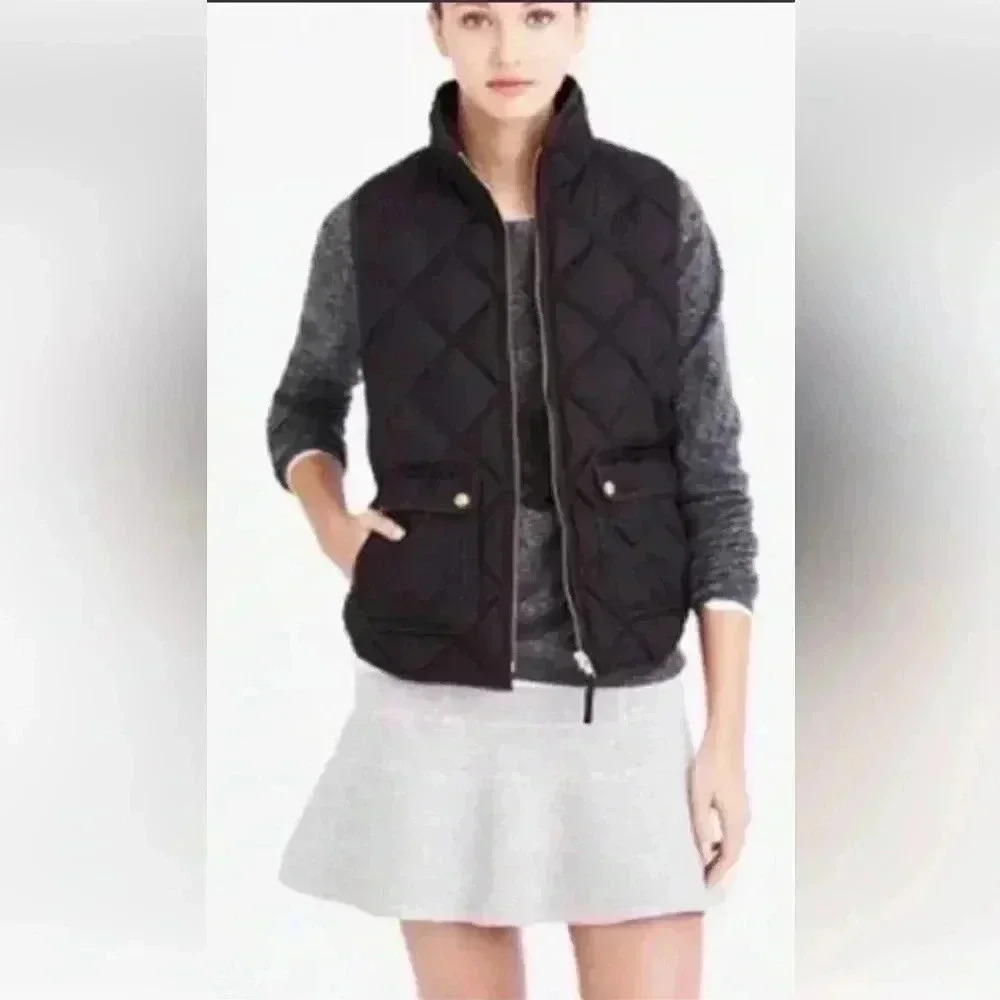 J Crew Excursion  XS black down filled puffer vest. Quilted, gold hardware. VGUC